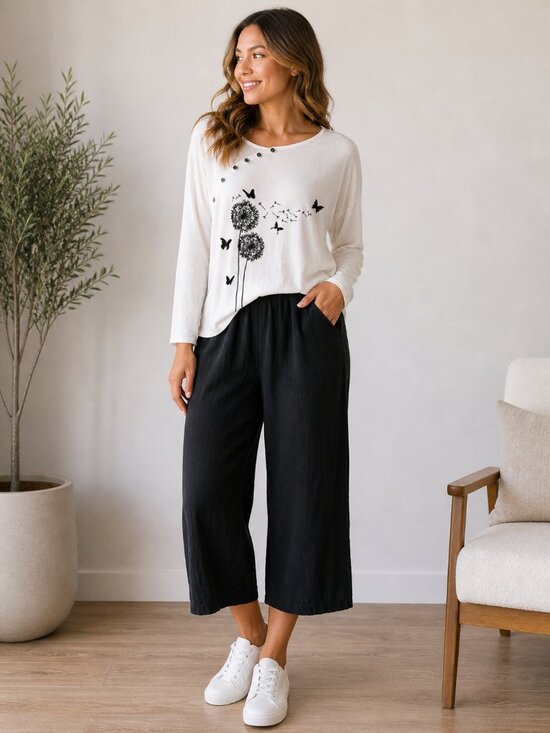 Just Fashion Now Tops - Jusfashion Cotton Dandelion Graphic Top & Black Wide Leg Pants Set